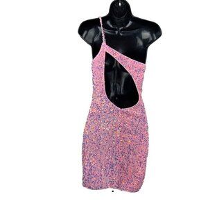 Sequined body con disco mini womens dress small pink cut out back